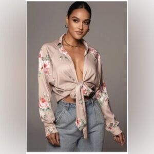 JLUXLABEL Beige Angelica Front Tie Satin Shirt